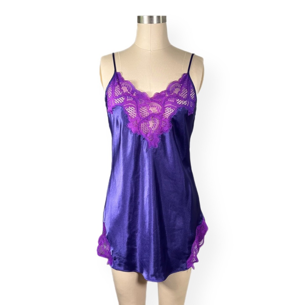 Vintage Victoria Secret Slip Dress Small Purple Satin Lace‎ Adjustable Strap